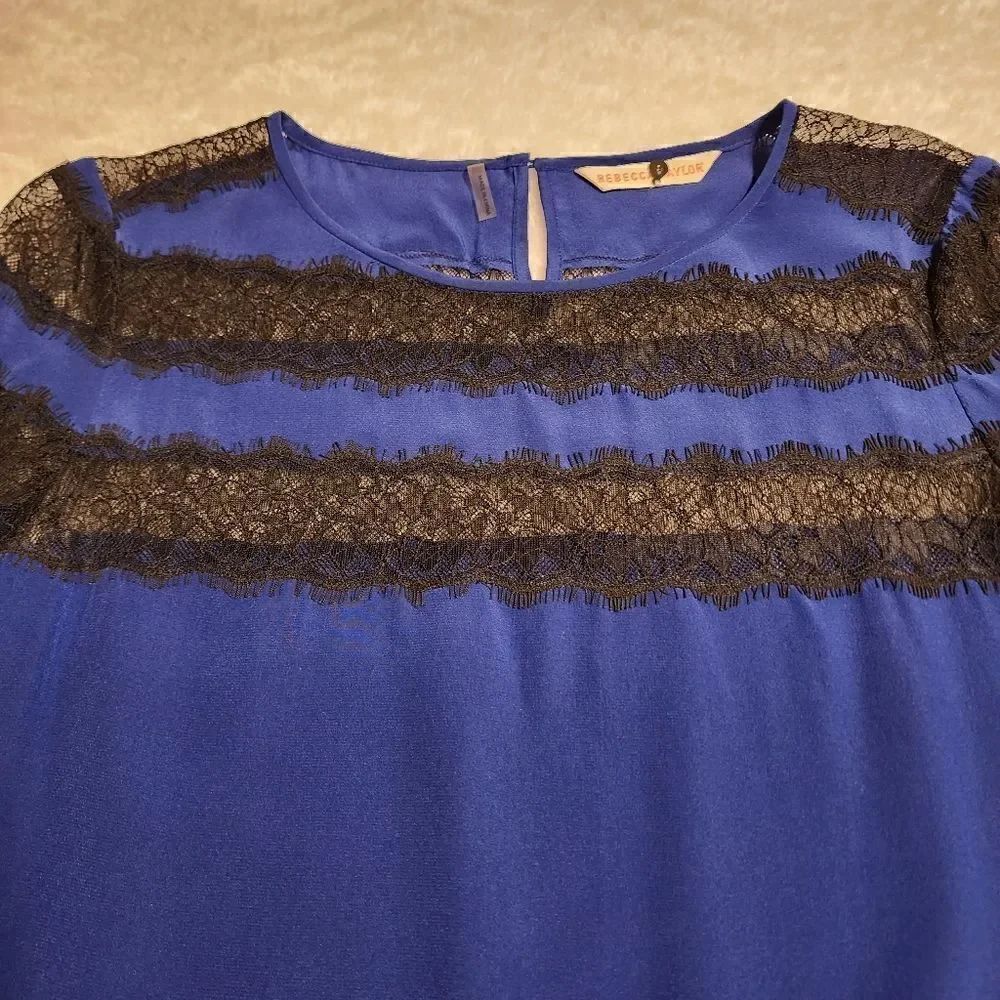 Rebecca Taylor Women Silk Royal Blue with Black Lace Trumpet Sleeve Dress Size 8 - Picture 2 of 12